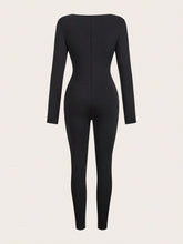 Women's Milano Print Black Square Neck Casual Fitted Thermal Lined Warm Long Sleeve Long Jumpsuit, Basic Autumn/Winter Style